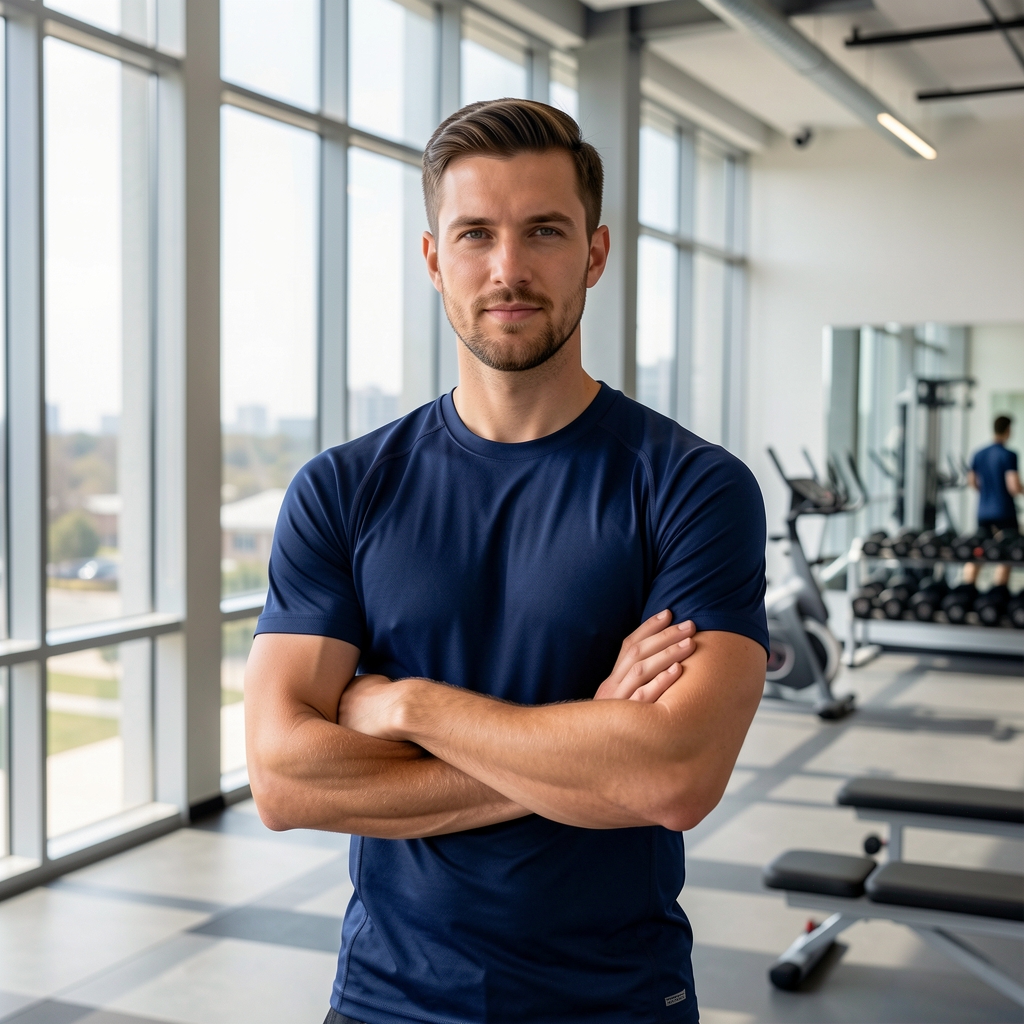 Man in a navy performance shirt standing with arms crossed in a modern fitness studio with natural light coming through tall windows, photographed with clean editorial framing