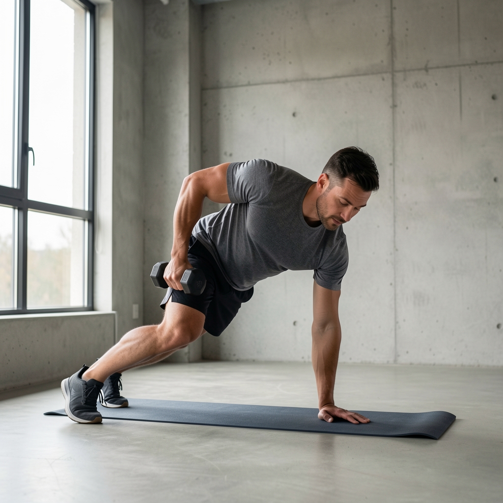 Man performing a single-arm dumbbell row exercise in a minimalist home gym with concrete walls and natural light from a large window