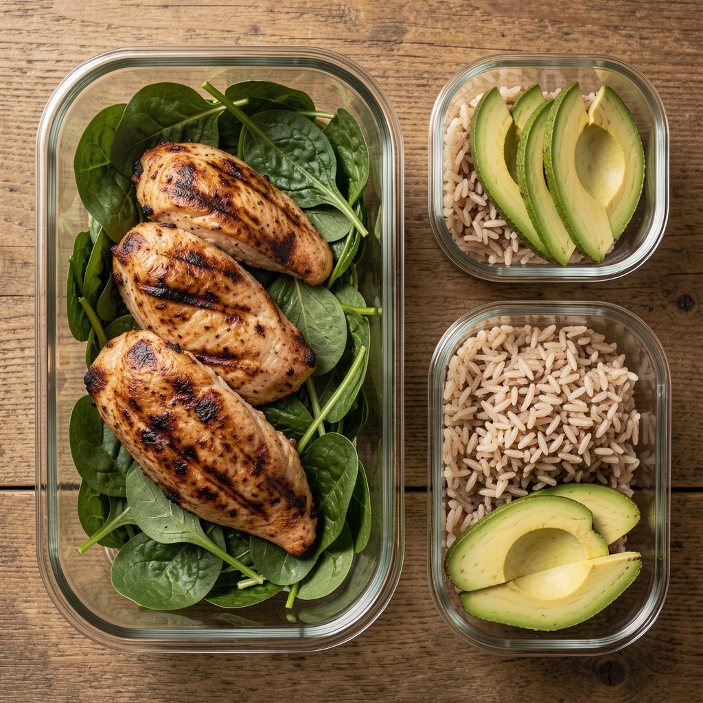 Overhead flat lay of a structured meal prep arrangement showing grilled chicken, leafy greens, brown rice, and sliced avocado in separate glass containers on a wooden surface