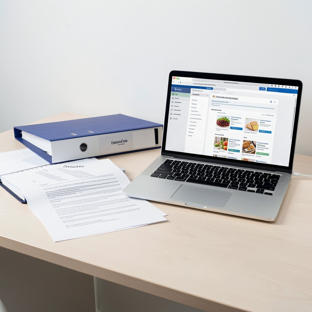 Editorial desk with printed source documents, a reference binder, and a laptop open to a nutrition science journal database, photographed under bright studio lighting in a clean workspace