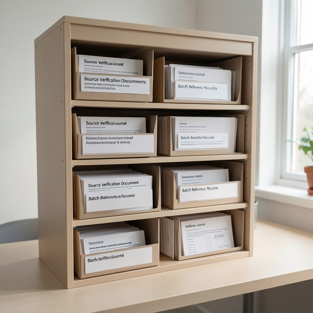 Organised filing system with labelled archive folders containing source verification documents and batch reference records for a wellness journal, photographed in a clean workspace