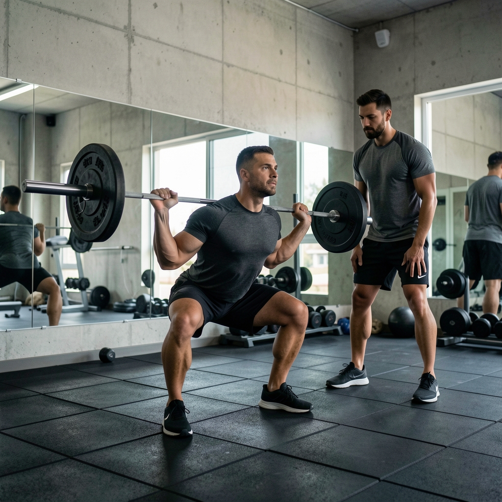 Man performing barbell back squats in a well-lit home gym with concrete walls, mirrors, and rubber flooring, photographed mid-movement with a training partner observing form