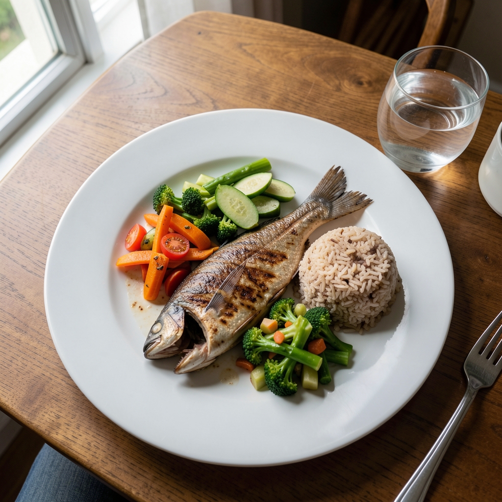 Overhead shot of a balanced meal with grilled fish, steamed vegetables, brown rice, and a glass of water on a wooden dining table with natural light coming through a window