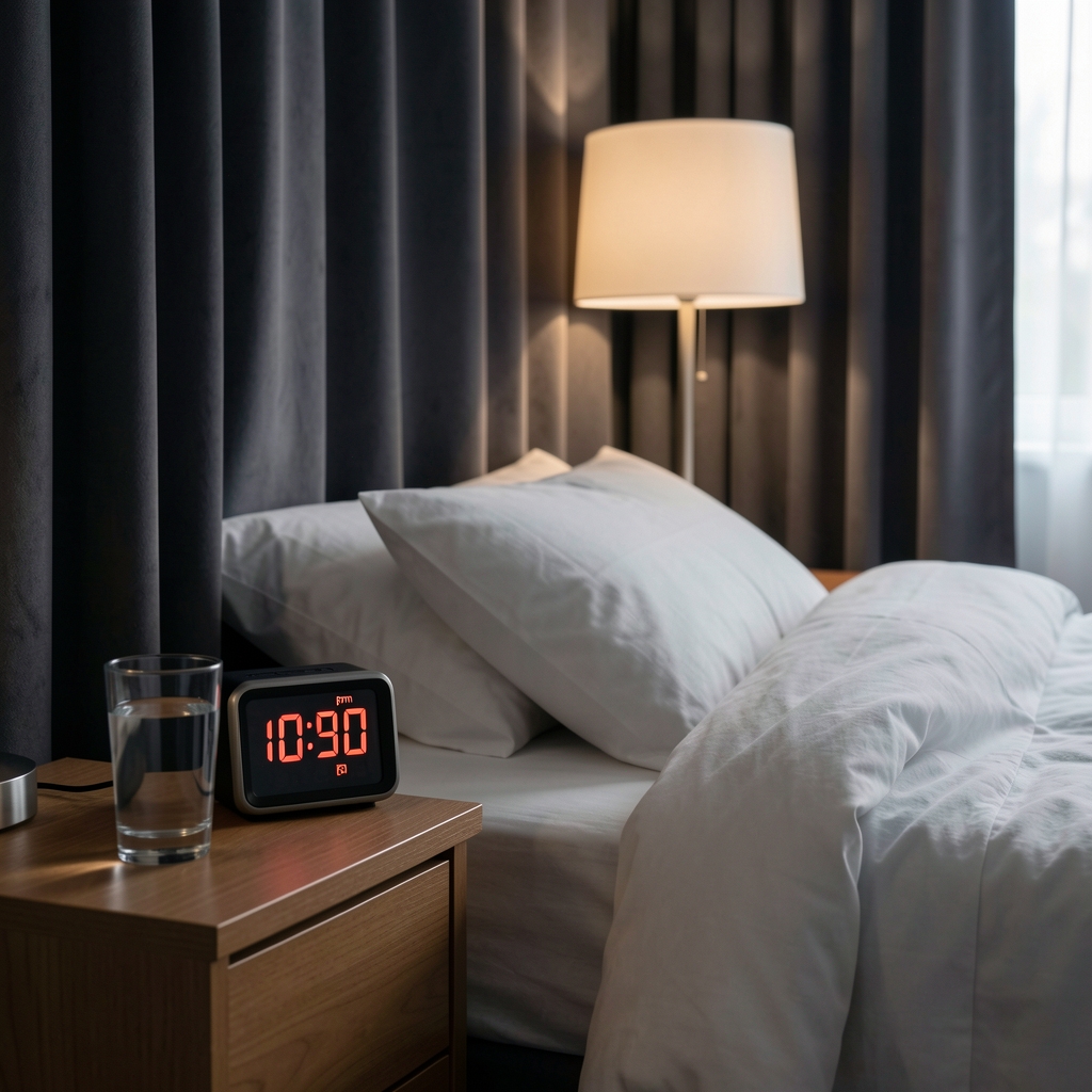 Peaceful bedroom with dark curtains drawn, a digital alarm clock showing 10:30pm, a glass of water on a bedside table, and soft lamp lighting creating a calm sleep environment