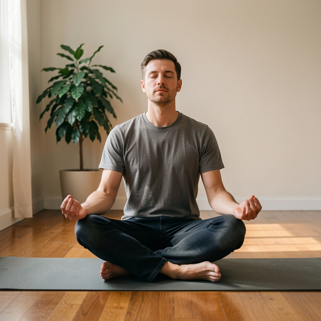 Man sitting cross-legged on a yoga mat in a quiet room with wooden floors, eyes closed in a mindfulness practice, with soft natural light and a green plant in the background
