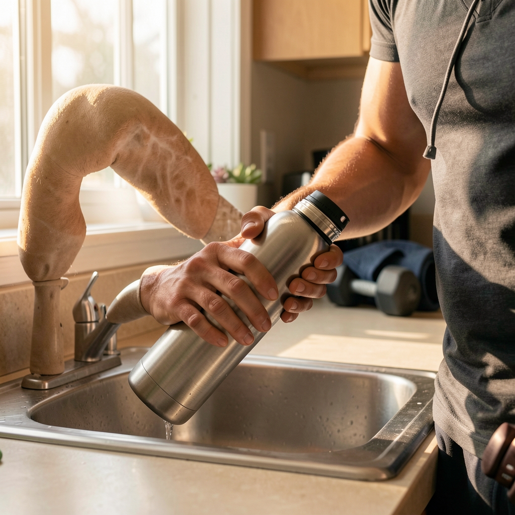 Close-up of a man filling a large stainless steel water bottle at a kitchen sink after a morning workout, with athletic gear visible in the background and warm natural light
